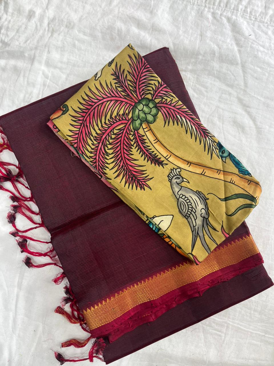 Peach Handloom Mangalagiri Pattu  with a Pen Kalamkari Blouse  Cotton Saree